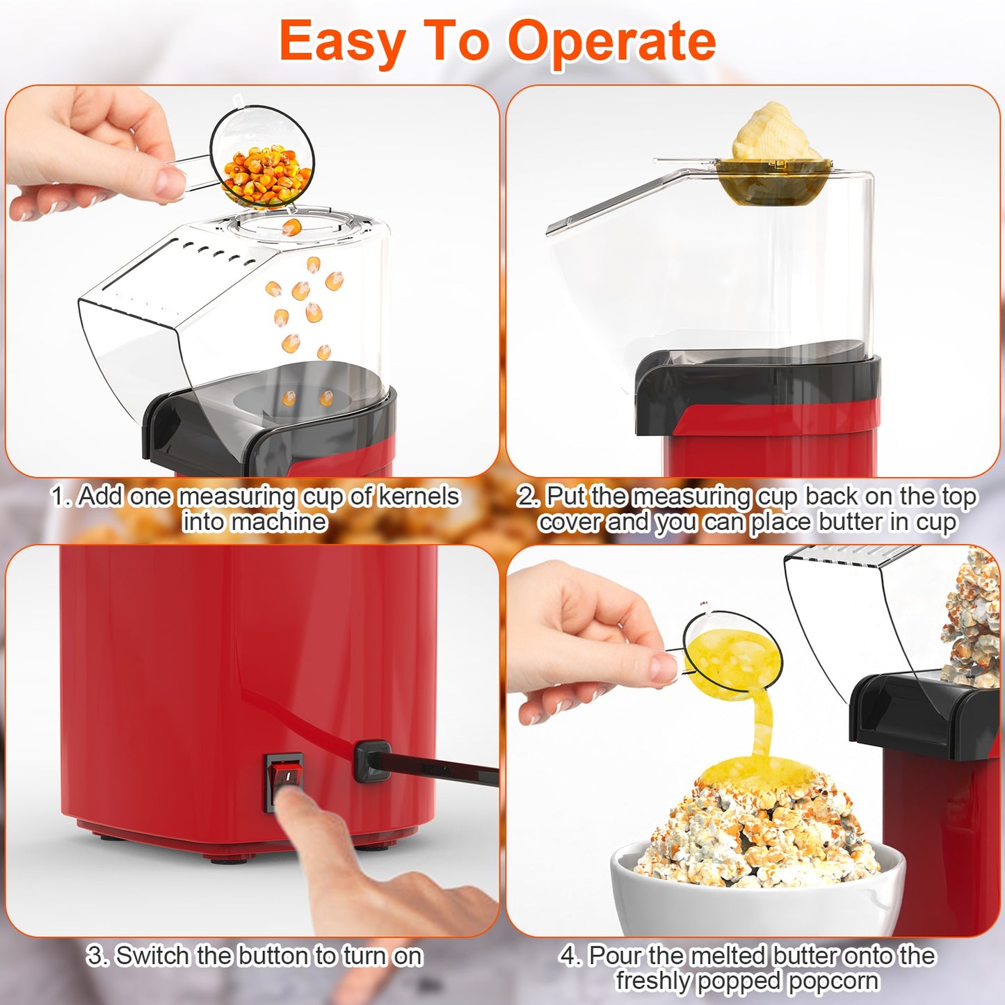 Hot Air Popcorn Popper Maker With Measure Cup And Butter Warmer 1200W Oil-Free Easy To Use 8Cups Mini Popcorn Maker Machine For Home